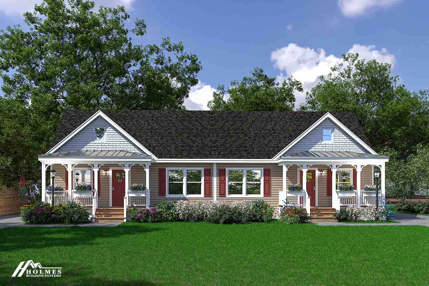 Amelia cozy cottage one story cape duplex hero, elevation, and exterior home features